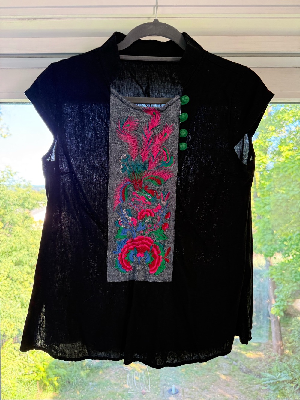 Vintage Black Cap-Sleeve Tunic with Pink & Green Embroidered Panel